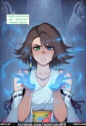 aeon ai_art ai_generated ancient_temple asymmetrical_clothes aura background bangs bare_midriff bare_shoulders beads begging begging_for_power belt blue_aura blue_energy blue_eye brown_hair choker cleavage comic comic_strip comics detached_sleeves detailed_background determined_expression digital_art earrings energy_aura fantasy final_fantasy final_fantasy_vii final_fantasy_vii_remake final_fantasy_x glowing_eyes glowing_hands green_eye hair_ornaments hands_glowing heterochromia indoors jewelry large_statue long_hair magic magic_casting magical_girl magical_glow midriff montana812 navel necklace nsfw off_shoulder open_mouth patreon_exclusive patreon_reward pink_sash pleading pouch power_up prayer praying purple_ribbons purple_wraps ritual ruins sidelocks speech_bubble spellcasting statue stone_architecture summon summoning_ritual tassel temple text toga white_clothes white_dress white_robe wrap_dress yellow_belt yuna