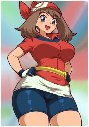 1girls bandana big_breasts blue_eyes breasts brown_hair busty cameltoe confident female female_only hands_on_hips large_breasts looking_at_viewer may_(pokemon) open_mouth pokemon pokemon_(anime) pokemon_rse pose posing seireiart sensual sexy shirt shorts smile teeth thick_thighs thin_waist tongue underboob wide_hips