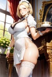 1girls 2023 ai_generated ai_hands annie_leonhardt apron attack_on_titan blonde_hair blue_eyes cleavage clothed_female curvaceous curvy_body curvy_figure female_focus huge_breasts looking_at_viewer maid maid_collar maid_headdress mansion mature_female milf mouth_open serving_tray short_hair solo_female solo_focus stable_diffusion thighhighs