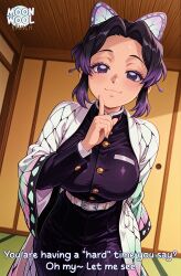 ai_assisted ai_generated big_breasts black_hair breasts caption clothed clothed_female comic curvy curvy_body curvy_female demon_slayer female female_focus female_only kimetsu_no_yaiba kochou_shinobu large_breasts looking_at_viewer moonwool_branch purple_eyes purple_hair short_hair smile smiling solo solo_female solo_focus standing talking talking_to_viewer thick_ass thick_thighs thighs uncensored