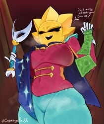 1girls :d artist_name artist_signature big_ass big_breasts big_female black_sclera blue_cape brawl_stars breath cape circus condom_wrapper condoms covered_nipples cowboy_shot curvy curvy_female deviantart dominant_female fanart female female_only gender gloves gryazyuka88 hands_up holding_condom holding_object holding_wand looking_at_viewer mtf_transformation open_mouth red_eyes rule_63 sirius_(brawl_stars) smile solo standing steam transformation twitter twitter_link twitter_username wand white_gloves