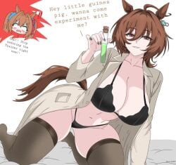 agnes_tachyon_(umamusume) artzyzen big_breasts bikini brown_hair curvy_female daiwa_scarlet_(umamusume) horse_ears horse_tail labcoat laizent_art midriff talking_to_viewer thick_thighs thighhighs umamusume umamusume_pretty_derby