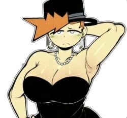 ai_art ai_generated armpits big_breasts jujutsu_shenanigans orange_hair roblox roblox_avatar roblox_developer roblox_studio robloxian rule_63 slim_waist tze_(roblox) yellow_skin