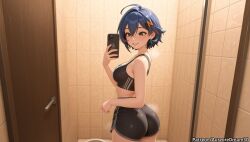 ahoge ai_generated ass bathroom belle_(zenless_zone_zero) black_shorts black_sports_bra blue_hair breasts cellphone dolphin_shorts earrings female green_eyes hair_ornament holding holding_phone indoors jewelry medium_breasts meitabuu mirror phone reflection selfie short_hair short_shorts shorts smartphone smile solo sports_bra tile_wall tiles zenless_zone_zero