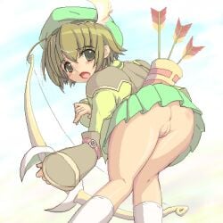 1girl anus archer_(eco) arm_guards armor arrow_(projectile) artist_request ass beret bow_(weapon) cleft_of_venus embarrassed emil_chronicle_online female female_only from_behind green_armor green_eyes green_hair green_hat green_shirt green_skirt hat hat_feather holding holding_bow_(weapon) holding_weapon looking_back lowres no_panties non-web_source open_mouth pleated_skirt pussy quiver shirt skirt socks solo source_request weapon white_socks