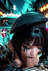 1boy ai_generated ai_video alberist audio bare_shoulders beret black_beret black_hair black_lipstick blunt_bangs bob_cut bouncing_breasts breast_squeeze cleavage clothed clown cum cum_in_mouth deepthroat eyeshadow facepaint fellatio female freckles from_above grabbing_own_breast huge_breasts large_breasts large_penis looking_at_viewer makeup mime moaning moaning_on_cock oral oral_sex original_character outdoor_sex pleated_skirt pov striped_shirt striped_thighhighs suspenders tagme thick_lips video yellow_eyes