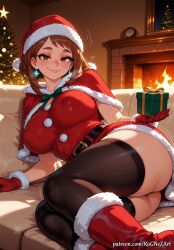 2026 ai_generated anime ass belt black_thighhighs blush boku_no_hero_academia boots bow box breasts brown_eyes brown_hair buttocks capelet christmas christmas_tree cleavage clock closed_mouth couch covered_nipples crossover dress earrings eye_contact female female_focus female_only fire fireplace flushed fur-trimmed_capelet fur_trim gift gift_box gloves green_bow handwear hat highres holding holding_gift huge_breasts indoors inside jewelry large_breasts looking_at_viewer lying my_hero_academia neutral_expression nsfw ochako_uraraka on_side patreon red_capelet red_dress red_footwear red_gloves rognezart santa_costume santa_hat short_hair smile smiling solo thick_thighs thighhighs thighs uraraka_ochako