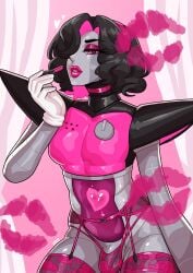 1boy abs black_hair bulge deltarune eyeshadow femboy garter_belt garter_straps hair_over_one_eye heart heart-shaped_pupils hi_res highres kiss_mark lipstick loggus_doggus makeup mettaton mettaton_ex penis pink_eyes pink_eyeshadow pink_lipstick pink_makeup robot robot_boy robot_femboy thick_thighs undertale undertale_(series)