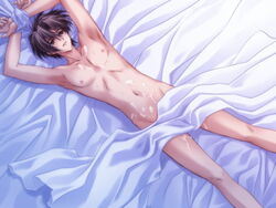 1boy bed bed_sheet bondage brown_hair cum katsuragi_takuto messiah_(game) nude tied