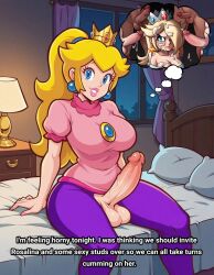 1futa 1girls 4boys ai_generated angry balls bed bedroom blonde_hair caption catunder clothed_female_nude_male crown cum cum_in_vagina cum_on_body cum_on_face erection futanari horny lamp looking_at_viewer mario_(series) multiple_boys night nintendo nude_male_clothed_female pajama_pants pajama_shirt pajamas penis penis_out ponytail princess_peach princess_rosalina sexual_fantasy sitting solo talking_to_viewer testicles text thought_bubble yellow_hair