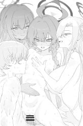 1boy 3girls absurdres asuna_(blue_archive) bar_censor blue_archive braid breasts censored commentary_request completely_nude cowgirl_position dokunasubi greyscale hair_between_eyes halo highres karin_(blue_archive) large_breasts long_hair medium_hair monochrome multiple_girls neru_(blue_archive) nipples nude penis sensei_(blue_archive) sex simple_background single_braid small_breasts straddling straight sweat vaginal_penetration white_background
