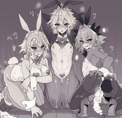 2boys alternate_breast_size_(larger) anal anilingus animal_ears arms_behind_head ass astolfo_(fate) bar_censor blush bow bowtie braid breasts censored commentary_request covered_nipples erection fake_animal_ears fate/apocrypha fate/zero fate_(series) female greyscale haoro headpiece heart heart-shaped_pupils heart_pasties high_heels highres jeanne_d'arc_(fate) kneeling large_breasts long_braid long_hair looking_at_viewer male_playboy_bunny monochrome multiple_boys navel nipples open_mouth pantyhose pasties penis playboy_bunny reverse_bunnysuit reverse_outfit sieg_(fate) single_braid straight sweat symbol-shaped_pupils testicles trap wrist_cuffs