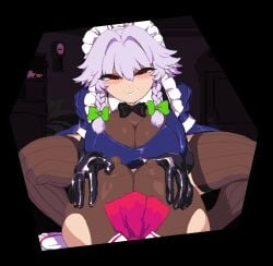 1futa 1girl 2girls black_background black_bow black_bowtie black_gloves black_pantyhose black_thighhighs blue_dress blush bodystocking bow bowtie braid breasts brown_pantyhose brown_thighhighs cleavage cowgirl_position dress elbow_gloves feet_out_of_frame female_pov frills futa_pov futa_with_female futanari gloves green_bow green_bowtie grey_hair grin hair_between_eyes hair_intakes hairbow hat huge_breasts indoors izayoi_sakuya large_breasts latex latex_gloves leotard looking_at_viewer lying maid maid_headdress medium_hair mob_cap multiple_girls naughty_face pantyhose parted_lips pov puffy_short_sleeves purple_hair red_bow red_bowtie red_eyes remilia_scarlet ribbon sakuya_izayoi see-through see-through_legwear shirt short_hair short_sleeves side_braids smile solo_focus spread_legs squatting takorin thighhighs touhou touhou_project twin_braids yuri