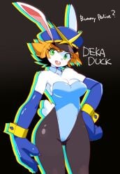 aiko_(dekaduck) aiko_rosewood anthro big_hands breasts bunny bunnygirl bunnygirl_outfit dekaduck female furry future gloves green_eyes huge_hands humikane intergalactic lagomorph leotard playboy_bunny police police_officer police_uniform policewoman rabbit space