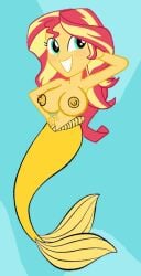 1girls blue_eyes breasts bubbles equestria_girls eyebrows eyelashes female hasbro meierus mermaid mermaid_tail my_little_pony nipples nude red_hair sand smile smiling_at_viewer solo starfish sunset_shimmer teen underwater waving waving_at_viewer yellow_skin