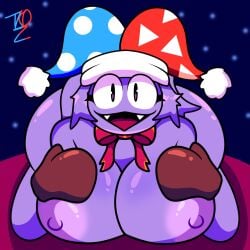 black_pupils brown_gloves brown_mittens cartoon chubby cute dark_blue_background digital_art eyelashes fangs front_view genderswap genderswap_(mtf) gijinka glossy_skin jester_hat kirby_(series) large_eyes marx_(kirby) night_sky open_mouth pink_highlights plump purple_skin red_bow red_tongue round_body rule_63 sharp_teeth simple_background sitting smile solo starry_background thick_thighs tkd white_eyes