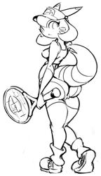 anthro clothes curly_q female female_only fur furret furry holding keijimatsu monochrome pokemon solo standing tennis_racket