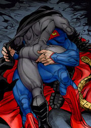 2boys ass batman belt_removed cape dc gay imminent_sex justice_league making_out male male_only multiple_boys multiple_males muscles superbat superhero superman utility_belt yaoi