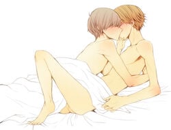 2boys artist_request bed bed_sheet blush brown_hair closed_eyes couple gay grey_hair hanamura_yousuke highres human human_only kissing lying male male_only megami_tensei multiple_boys multiple_males narukami_yu nude nude_cover on_back on_bed persona persona_4 romantic short_hair simple_background under_covers white_background yaoi