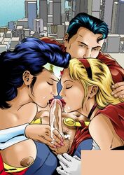 1boy 2girls big_breasts black_hair blonde_hair blowjob breasts cousins cum dc dc_comics fabio fellatio female ffm_threesome incest justice_league kissing_penis kryptonian linda_danvers male nipples penis supergirl superman superman_(series) tagme threesome white_female white_male wonder_woman wonder_woman_(series)