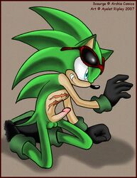 2007 anthro ayelet_ripley balls blue_eyes eyewear gloves green_body hedgehog male male_only nude penis scar scourge_the_hedgehog sega solo sonic_(series) sunglasses teeth