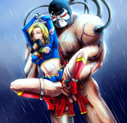 bane batman_(series) blonde_hair bondage boots chains dc depowered frogtie helpless janse male/female midriff pussy rain rape shackle skirt straight supergirl superman_(series) torn_clothes vaginal_penetration