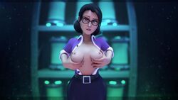 3d breast_hold breasts breasts_out glasses looking_at_viewer miss_pauling mrfestive open_clothes open_mouth seductive source_filmmaker team_fortress_2 teeth