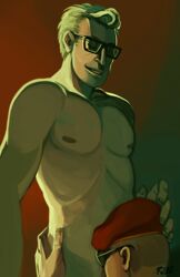 arcade_gannon artist_request beret blonde_hair craig_boone docteurfail duo fallout fallout_new_vegas fellatio gay glasses hand_on_head human implied_fellatio implied_oral male male_only oral simple_background smile sunglasses tagme yaoi