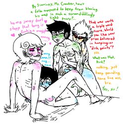 2boys 2d 2girls ass ass_grab bed bisexual biting_lip black_hair black_lipstick blue_eyes blush body_hair chubby closed_eyes cunnilingus dialogue dirk_strider english_text female glasses hal heart homestuck jake_english jane_crocker male ms_paint_adventures naked red_hair roxy_lalonde short_hair sketch sunglasses text vaginal_penetration webcomic white_background white_hair white_skin