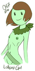 adventure_time brown_hair eyelashes flat_chest green_nipples green_skin lollipop_girl nomdepenn simple_background solo_female white_background