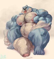 2017 5_toes anthro balls bear bluekumabox front_view hair huge_muscles hyper looking_at_viewer male male_only mammal musclegut muscular muscular_male nipples nude penis simple_background solo toes tongue tongue_out