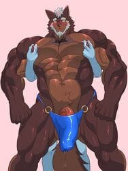 2018 abs anthro balls beard biceps blush bulge canine clothed clothing digital_media_(artwork) embarrassed facial_hair flaccid fur hair hi_res huge_muscles humanoid_penis keijimohumohu male male_only mammal muscular nipple_play nipples pecs penis precum precum_string pubes quads sex shaded short_hair skimpy solo standing thong topless underwear vein veiny_penis