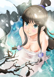 1girls black_hair blue_eyes blush female female_only gyakuten_saiban hair_beads hair_bun jeibii maya_fey naked nude partially_submerged pubic_hair sitting snow solo