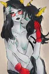 2012 2girls biting black_hair black_lips blood fangs glasses gloves green_nails grey_skin homestuck horns latula_pyrope long_hair looking_over_eyewear looking_over_glasses ms_paint_adventures multiple_girls porrim_maryam red-tinted_eyewear sunglasses tattoo teal_eyes tinted_eyewear troll tumblr usapin webcomic yuri