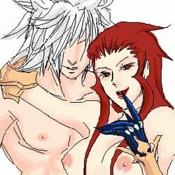 breasts deepground dirge_of_cerberus final_fantasy final_fantasy_vii gauntlet gloves red_eyes red_hair rosso_the_crimson shirtless smile tagme tsviet weiss_the_immaculate white_hair