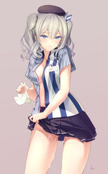 azumi_akitake cleavage kantai_collection kashima_(kantai_collection) lawson no_bra open_clothes open_shirt pussy_juice shirt skirt_lift uniform