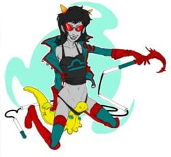 1girls black_hair black_lips cane clothing glasses gloves grey_skin homestuck horns looking_at_viewer ms_paint_adventures open_mouth panties plushie pussy senator_lemonsnout sharp_teeth short_hair solo terezi_pyrope tongue_out troll white_background