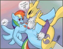 anthro blue_fur breasts color crossover digimon female female_only fingering friendship_is_magic fur furry interspecies multiple_females my_little_pony pegasus peterson pony rainbow_dash_(mlp) renamon saliva saliva_string side_view smooth_skin tagme white_fur yellow_fur yuri