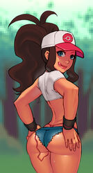 ass ass_grab back bad_proportions baseball_cap blue_eyes bottom_heavy brown_hair bubble_butt cable colored crop_top cutoffs dat_ass denim denim_shorts female female_only hand_on_hip hands_on_ass hat high_ponytail highleg hilda_(pokemon) huge_ass human legoman licking_lips lips long_hair looking_at_viewer looking_back naughty_face nintendo panties panties_visible pixelated_background pokemon pokemon_bw ponytail pussy_juice pussy_juice_trail shirt shorts small_breasts solo source_request standing thick_thighs thong thong_above_shorts thong_straps tied_hair tongue tongue_out underwear vibrator vibrator_under_clothes whale_tail wide_hips wristband