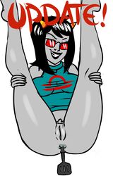 1girls anal_insertion black_hair black_lips clothing dialogue grey_skin homestuck horns latula_pyrope ms_paint_adventures pussy red-tinted_eyewear short_hair smile solo spatula sunglasses text tinted_eyewear troll white_background