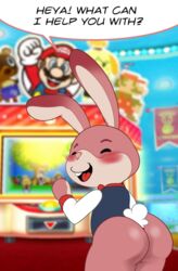 animal_crossing arcade arcade_bunny arcade_cabinet ass closed_eyes clothes fur furry gay isabelle_(animal_crossing) male mario mario_(series) nintendo nintendo_badge_arcade no_pants pink_fur rabbit rabbit_tail tail tom_nook yaoi