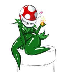 breasts cautioncat clenched_teeth female fire heart mario_(series) monster_girl nintendo nipples no_eyes piranha_plant plant plant_girl sharp_teeth smile solo warp_pipe white_background