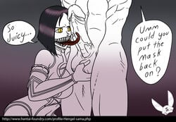 2d grabbing_balls hengel-sama licking_penis mileena mortal_kombat partial_male penis tagme yellow_eyes