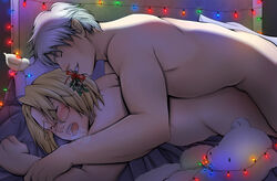 2boys axis_powers_hetalia blonde_hair blush breath canada_(hetalia) christmas clenched_teeth closed_eyes decora-chan gay gilbert_weillschmidt gilbird glasses grey_hair in_bed kumajiro matthew_williams mistletoe multiple_boys nude open_mouth prussia_(hetalia) sex yaoi