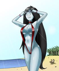 1girls adventure_time beach bikini black_bead_eyes black_hair blush breasts cute_fang deadmoon fangs female female_only finn_the_human goggles large_breasts long_hair marceline mob_face no_nose sling_bikini solo_female sweat swimsuit vampire water