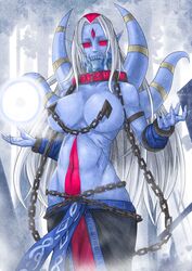 1girls bare_shoulders bone breasts chains cleavage crystal cute_fang dota_2 exaxuxer female glowing hips horns kuma-x kuma_x large_breasts lich lich_(dota) long_hair monster_girl mound_of_venus navel red_eyes rule_63 runes solo topless white_hair