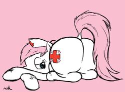 ass earth_pony equine female female_only friendship_is_magic fur looking_back my_little_pony nurse nurse_redheart pink_hair pony redcladhero sitting solo tail