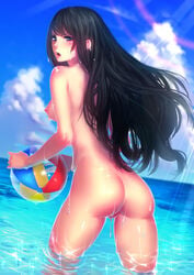 ass ball beach beach_ball black_hair blue_eyes breasts female from_behind hair long_hair looking_back nipples nude partially_submerged sea sideboob solo tani_(aki2672) uncensored water wet