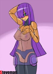 1girls breasts clothed layer lingerie mega_man mega_man_x purple_hair reploid robot robot_girl robot_joints see-through see-through_clothing solo steveman tagme transparent