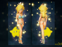 back_view belly_chain blonde_hair blue_eyes bra female hair_over_eyes high_heels human kid3d luma mario_(series) nintendo panties princess_rosalina super_mario_galaxy thong